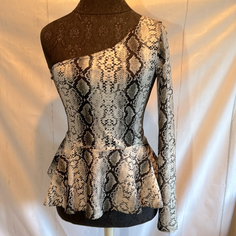ASOS One Shoulder Black & Gray Snake Print Peplum Top Sz 4